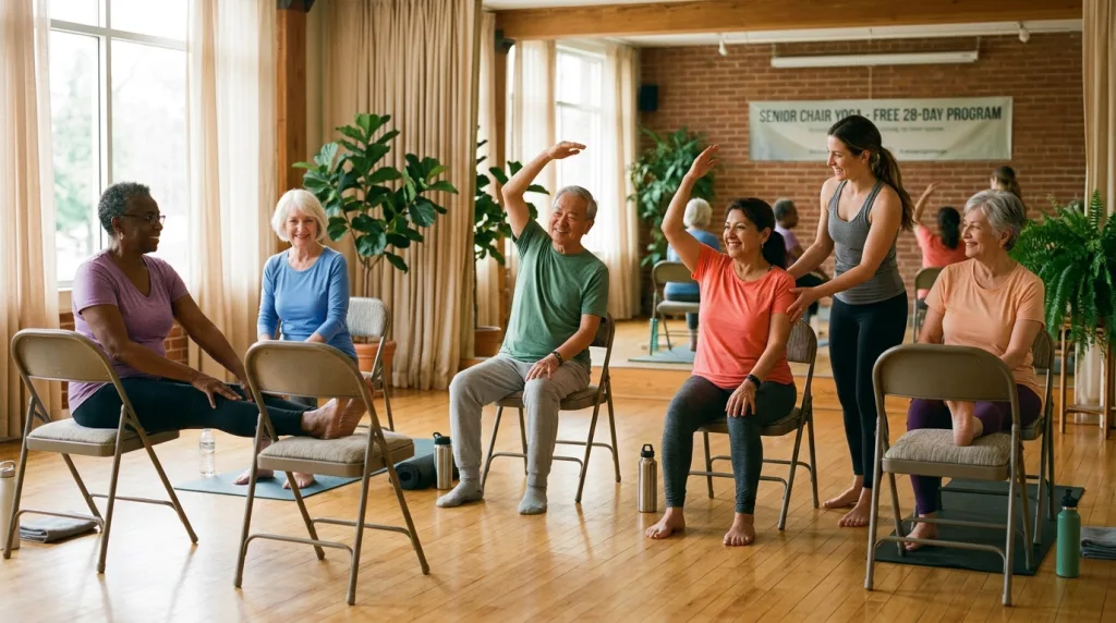 profitez de 28 jours de yoga sur chaise spécialement conçu pour les seniors, gratuitement. améliorez votre bien-être, souplesse et équilibre en douceur.