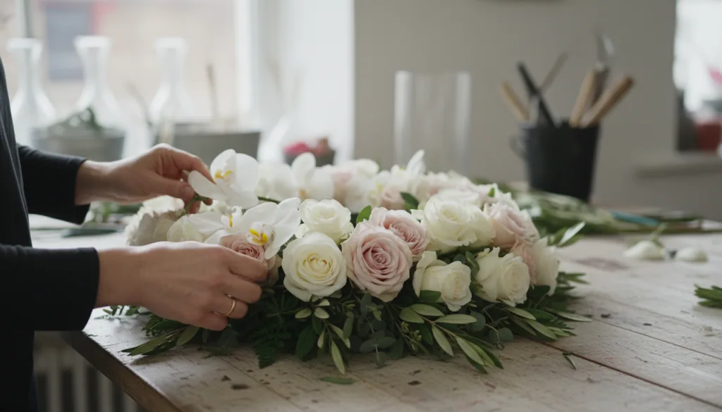 Différentes compositions florales lors d'une cérémonie funéraire
